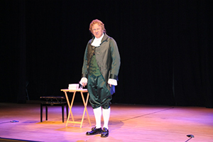 Dr. William Bill Chrystal a world renowned Alexandra Hamilton impersonator on stage at the Nevis Performing Arts Centre on Monday, November 24, 2014